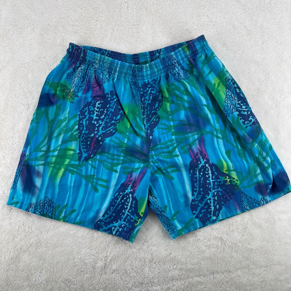Hobie Vintage Mens Medium Blue Green Shell Coral Print Swim Trunks Made in USA
